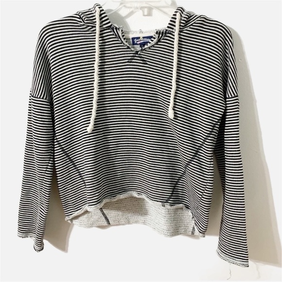 Freshman 1996 Cropped Striped Hooded Sweatshirt Drawstring Exposed Seams 🖤🤍 - Picture 1 of 10